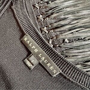 Ralph Lauren Black Lamb Leather-Fringe Silk Knit Sheath Dress